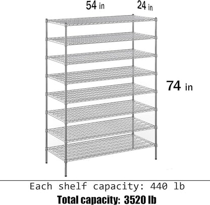 24" Deep x 54" Wide x 74" Height Wire Shelving Kit | 8-Tier | NSF Commercial Storage Rack Unit