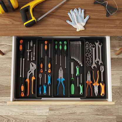 Lifewit Utensil Organizer for Kitchen Drawers, Expandable Cooking Utensil Tray, Adjustable Cutlery Silverware Flatware Holder, Plastic Spatula Tools Storage Divider, 16- 28 x 18.5", Black