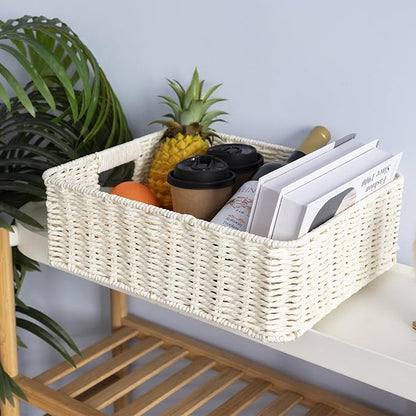 Drawer basket Handwoven Paper Rope Rectangular Shallow Basket Storage-15.35X12.01X4.72 Inches (Off-white)