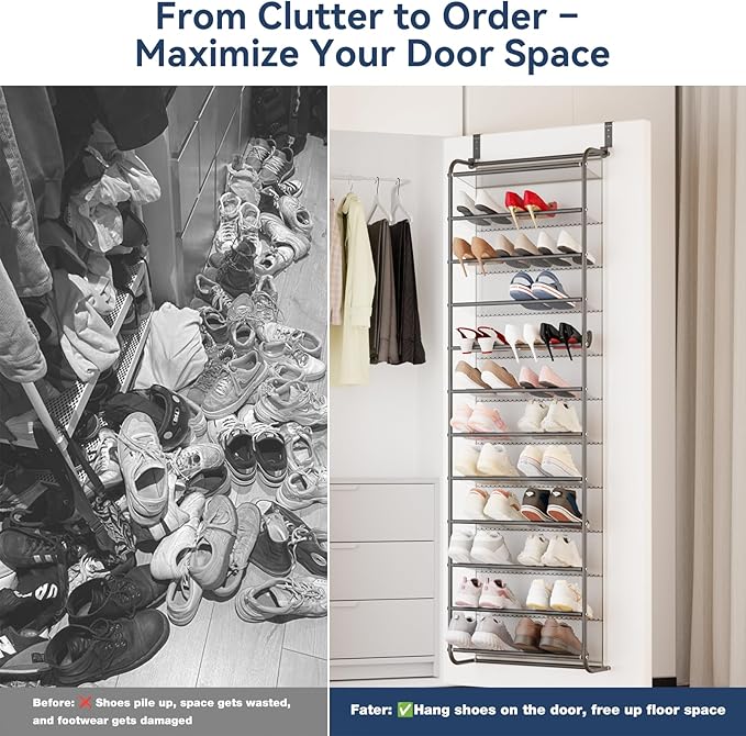 Whitmor 36 Pair Over the Door Shoe Organizer, 12 Tier Hanging Shoe Organizer, Heavy Duty Metal & Mesh Shoe Holder, Hanging Shoe Rack for Closet Storage, 74"L x 21.7"W x 7.5"H, Gunmetal Gray