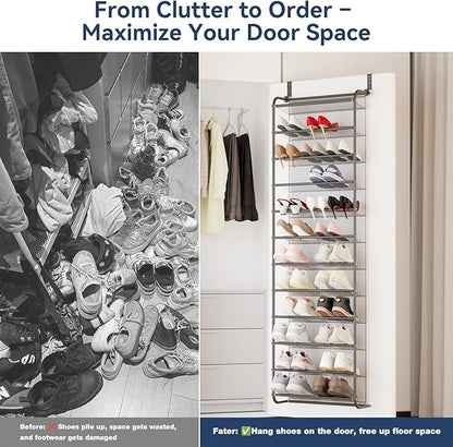 Whitmor 36 Pair Over the Door Shoe Organizer, 12 Tier Hanging Shoe Organizer, Heavy Duty Metal & Mesh Shoe Holder, Hanging Shoe Rack for Closet Storage, 74"L x 21.7"W x 7.5"H, Gunmetal Gray