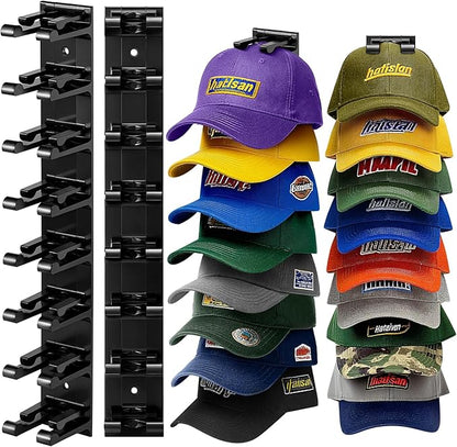 Hat Organizer for Baseball Caps, 2 Pack Hat Rack for Wall Closet Door Hold up to 16 Hats,Hat Holder with Adhesive and 8 Screws, Hat Hanger Cap Holder Hat Hangers for Wall Closet Door Bedroom(A-Black)