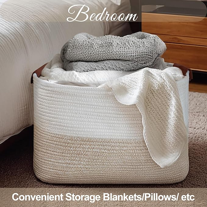 Large Cotton Rope Storage Basket with Leather Handles, Laundry Hamper Basket, 20 "L x 14" W x 12 "H, Durable & Stylish Organizer for Home.(Large Light Khaki)