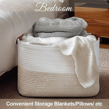 Large Cotton Rope Storage Basket with Leather Handles, Laundry Hamper Basket, 20 "L x 14" W x 12 "H, Durable & Stylish Organizer for Home.(Large Light Khaki)