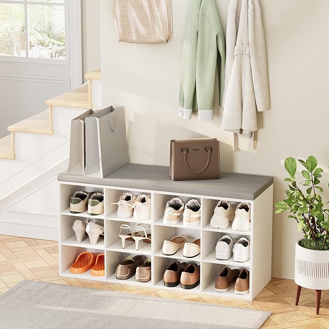 Aenuert 12-Cubby Shoe Rack with Cushion, 3-Tier Wood Shoe Organizer, Multifunctional Shoe Organizer Bench for Entryway, Mudroom, Hallway, Closet,36.22 * 11.81 * 17.7 Inch, White