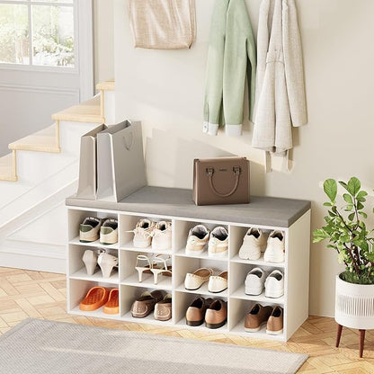Aenuert 12-Cubby Shoe Rack with Cushion, 3-Tier Wood Shoe Organizer, Multifunctional Shoe Organizer Bench for Entryway, Mudroom, Hallway, Closet,36.22 * 11.81 * 17.7 Inch, White
