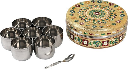 NAVRANG Stainless Steel Spice Box Masala Box/Dabba Decorative Meenakari (7 Steel Cups With 1 Spoon) Multi Colour