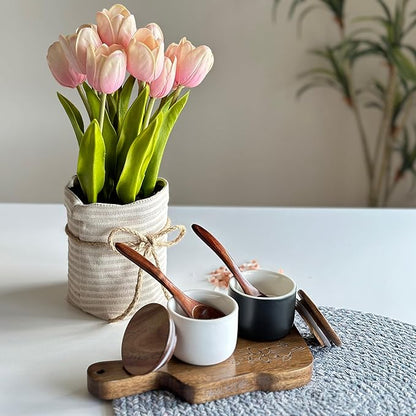 SALT AND PEPPER CELLAR SET WITH ACACIA WOOD LID AND ENGRAVED DECORATIVE HOLDING TRAY - WHITE AND BLACK