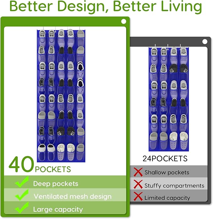 Over the Door Shoe Organizer with 40 Large Breathable Mesh Pockets, Space Saving Shoe Holder, Hanging Shoe Rack for Entryway Bedroom Closet Storage (Navy Blue, 40 Pockets)