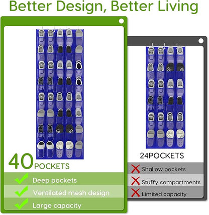 Over the Door Shoe Organizer with 40 Large Breathable Mesh Pockets, Space Saving Shoe Holder, Hanging Shoe Rack for Entryway Bedroom Closet Storage (Navy Blue, 40 Pockets)