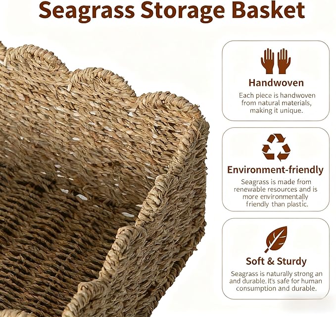 Scalloped Basket, Wicker Storage Baskets, Hand Woven Baskets for Shelves,Natural Baskets for Organizing (Seagrass&M-14" L x 10.5" W x 6" H)