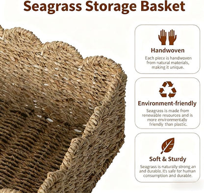 Scalloped Basket, Wicker Storage Baskets, Hand Woven Baskets for Shelves,Natural Baskets for Organizing (Seagrass&M-14" L x 10.5" W x 6" H)