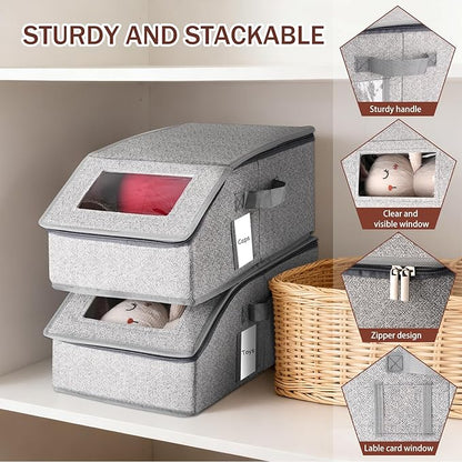 VZZNN Stackable Hat Organizer for Baseball Caps - Holds 12 Caps, Clear View Lid, Space Saving Closet Storage (Set of 4, Breathable Fabric)