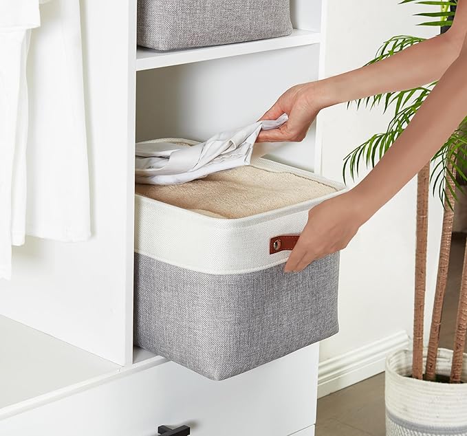 DECOMOMO Storage Bins, Large Fabric Storage Baskets for Shelves, Decorative Linen Closet Organizer, 15 x 11 x 9.5 inches (Grey & White, 1 Pack)