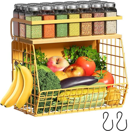 Magnetic Shelf for Fridge with Wood Lid, Fruit Potato and Onion Storage Bins, Pantry Organizers & Storage, Large Container Magnetic Spice Rack for Refrigerator, Kitchen Counter, Cabinet (Yellow, 1)