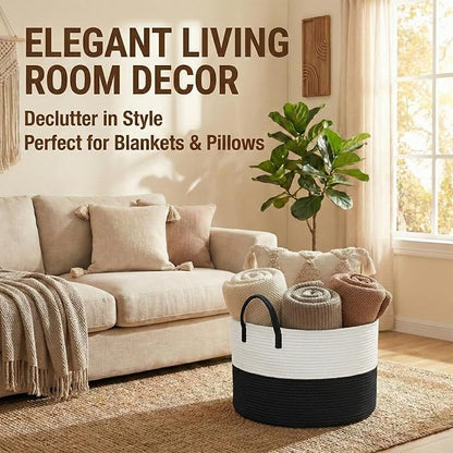 JMvicyroam 65L Extra Large Blanket Basket for Living Room - Woven Cotton Rope Laundry Hamper with Reinforced Handles - Storage Bin for Pillows, Comforters & Toys - Machine Washable,White&Black
