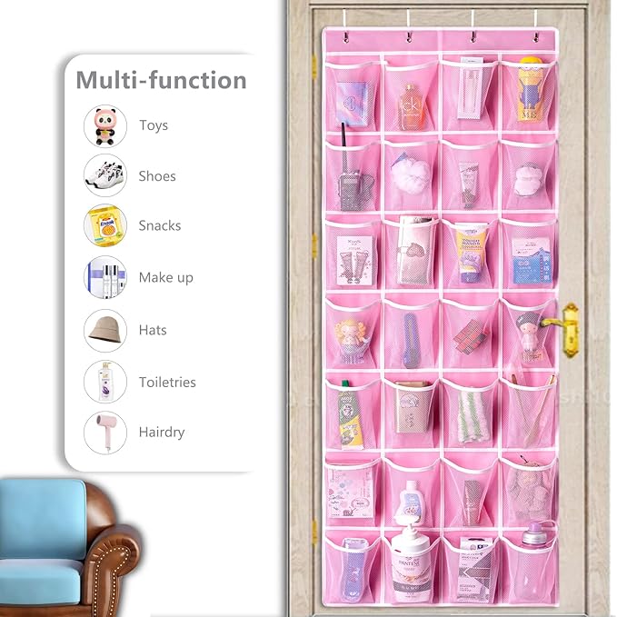 KEEPJOY 28 Pocket Over The Door Shoe Organizer, 2Pack Hanging Shoe Organizer for Door, Hanging Door Shoe Holder Rack with Mesh Pockets Large Size 65 x 23 inch (Pink-2Pack)