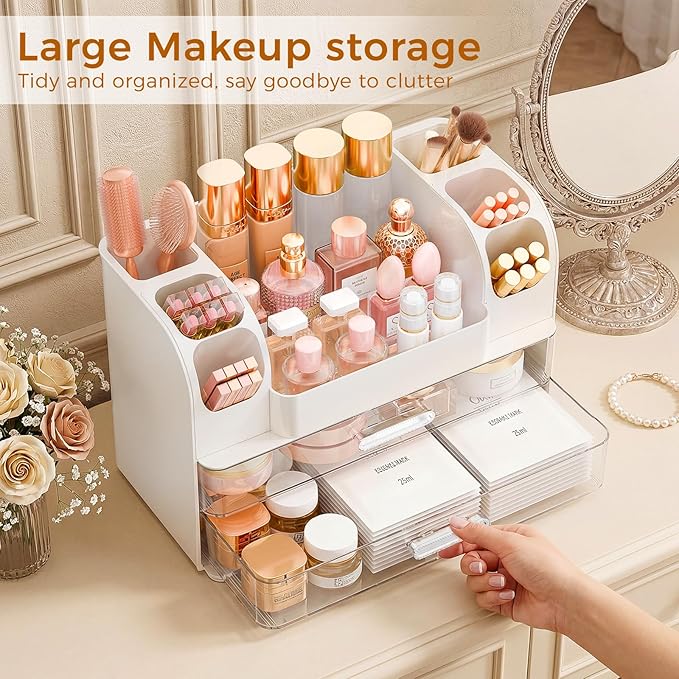 Makeup Organizer for Vanity with Drawers, Large Countertop Makeup Organizer - Skincare Storage, Brush Holder, Perfume & Cosmetics Display Case (White)