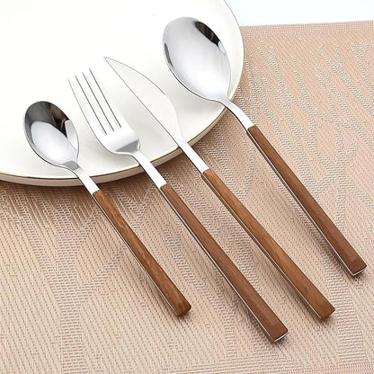 24piece Silverware Set with Hanging Holder, Stainless Steel Tableware Set With Cutlery Storage Rack, Decent Gift Box For Housewarming, Party, Dining - Brown Silver, set of 6