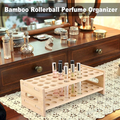 ELLDOO Rollerball Perfume Organizer, 36 Spaces Bamboo Perfume Storage Holder Beauty Scent Holder with Handle, Makeup Lipgloss Lipstick Display Case