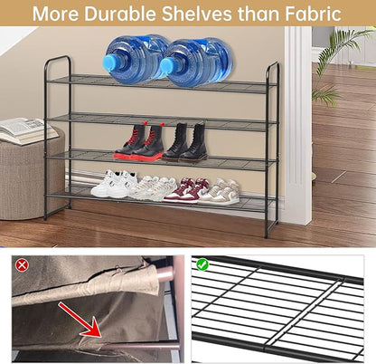 KEETDY 4-Tier Long Shoe Rack for Closet Metal Shoe Organizer for Entryway, Wide Stackable Shoe Storage Shelf with Sturdy Wire Grid for Closet Floor, Bedroom, Black