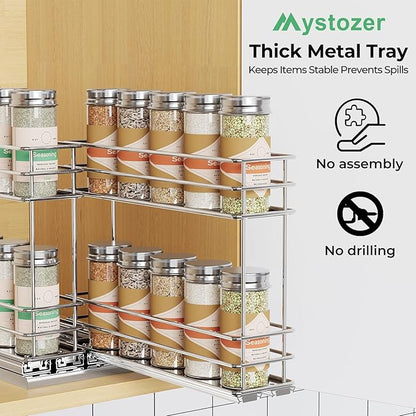 Mystozer Pull Out Spice Rack Organizer for Cabinet, Slide Out Spice Racks, Easy to Install Spice Cabinet Organizers, 5.28" Wx10.43 Dx8.26 H, 2 Drawers 2 Tiers(Silver)