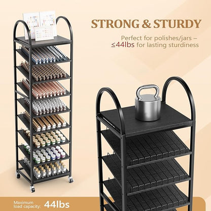 OmySalon Rolling Nail Polish & Powder Display Stand - 8 Tier Mobile Nail Salon Organizer Rack with Wheels, Holds 600 Bottles & 240 Jars for Nail Artists, Salon Display, Retail Store (Black)