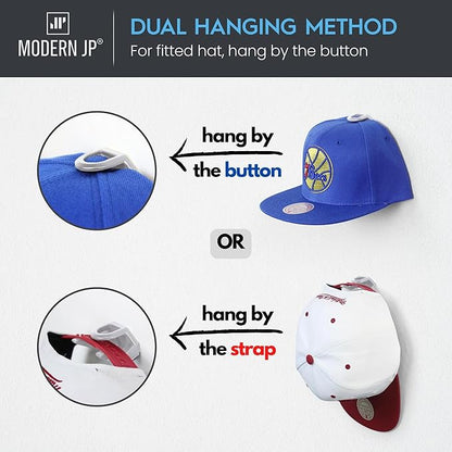Modern JP Adhesive Hat Hooks for Wall (8-Pack) - Hat Rack for Baseball Caps, Minimalist Hat Display, Strong Hold Hat Hangers for Wall - USA Patented, White