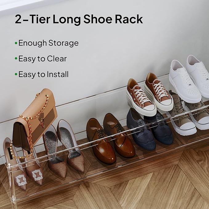 Aquiver Acrylic Long Shoe Rack - 2 Tier Shoe Organizer for Closet- Wide Shoe Shelf Clear Shoes Rack for Entryway, 42.7'' L x 11.8'' W x 12.2'' H, Easy Assembly & Clean