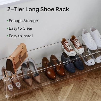 Aquiver Acrylic Long Shoe Rack - 2 Tier Shoe Organizer for Closet- Wide Shoe Shelf Clear Shoes Rack for Entryway, 42.7'' L x 11.8'' W x 12.2'' H, Easy Assembly & Clean