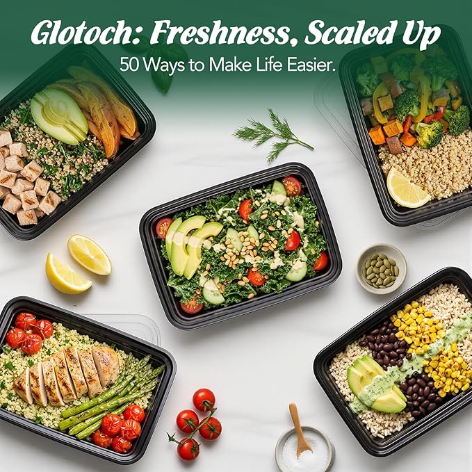 Glotoch Meal Prep Containers 32oz 50 Pack(100 Piece) with Lids, 1-compartment Plastic food storage containers Reusable, Bento boxes for portion control & takeout, Microwave/freezer/dishwasher safe