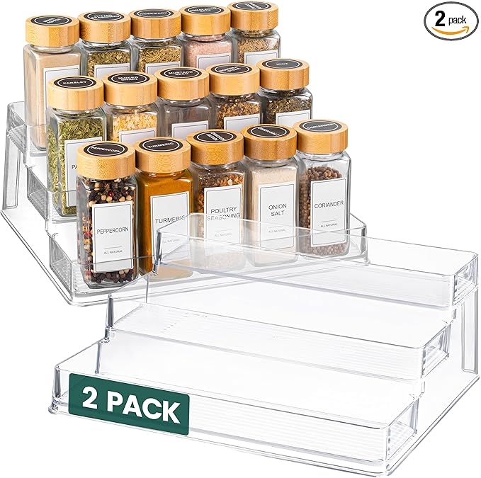 Oizeir Clear Spice Rack (2-Pack) – 3-Tier Acrylic Organizer for Cabinet – Deep Spice Shelf – 10.4 x 9.6 x 4 Inches – Holds Seasoning and Condiments
