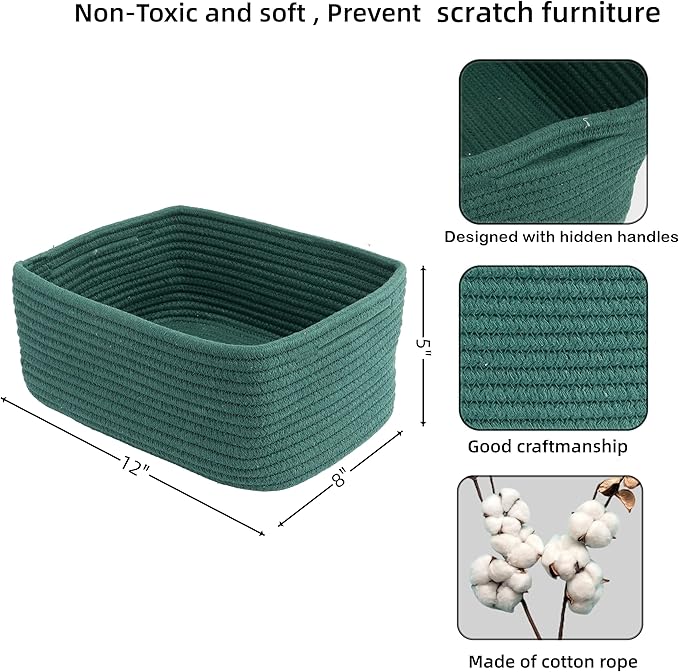 XUANGUO Small Woven Storage Baskets 12“X8”X5“ Decorative Rope Bins for Organizing Shelves, Closets, and Toys, Empty Gift Baskets, Cute Organizer Basket for Home and Office (dark green, regular)