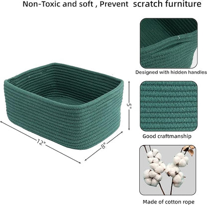 XUANGUO Small Woven Storage Baskets 12“X8”X5“ Decorative Rope Bins for Organizing Shelves, Closets, and Toys, Empty Gift Baskets, Cute Organizer Basket for Home and Office (dark green, regular)