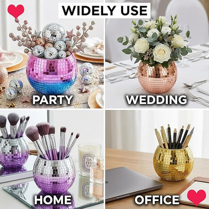Glass Disco Ball Pen Holder with Smooth Grouting - Premium Mirror Mosaic Pencil Cup for Desk, Cute Makeup Brush Holder, Aesthetic Room Decor Gift (silver)