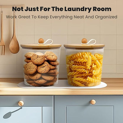 2 Pack Laundry Pods Container,Laundry Room Organization and Storage Jars,Laundry Detergent Container for Powder,Pods,Scent Booster,with Non-Slip PU Leather Pad and Handle,Bamboo Lids,Labels and Scoops