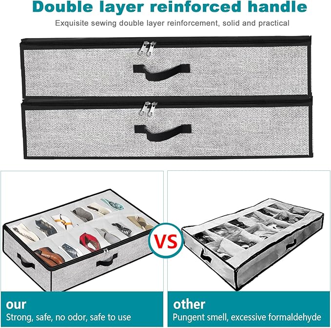 Under Bed Shoe Storage Organizer for Closet 2 Pack- Fits 24 Pairs Underbed Shoes Container Boxes Light Grey