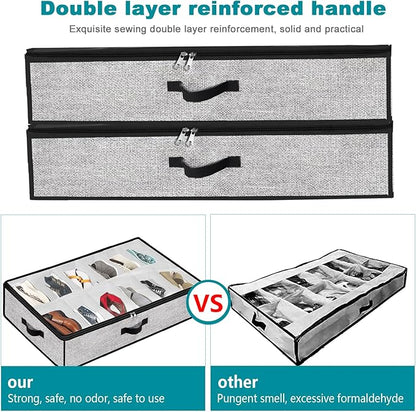Under Bed Shoe Storage Organizer for Closet 2 Pack- Fits 24 Pairs Underbed Shoes Container Boxes Light Grey