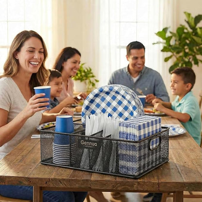 Gennua Kitchen Paper Plate Organizer for Cabinet, Counter, Picnics, Parties & More, Extra Large Utensil Caddy Crafted of Thick Iron Mesh With 6 Compartments for Paper Plates & Plastic Silverware
