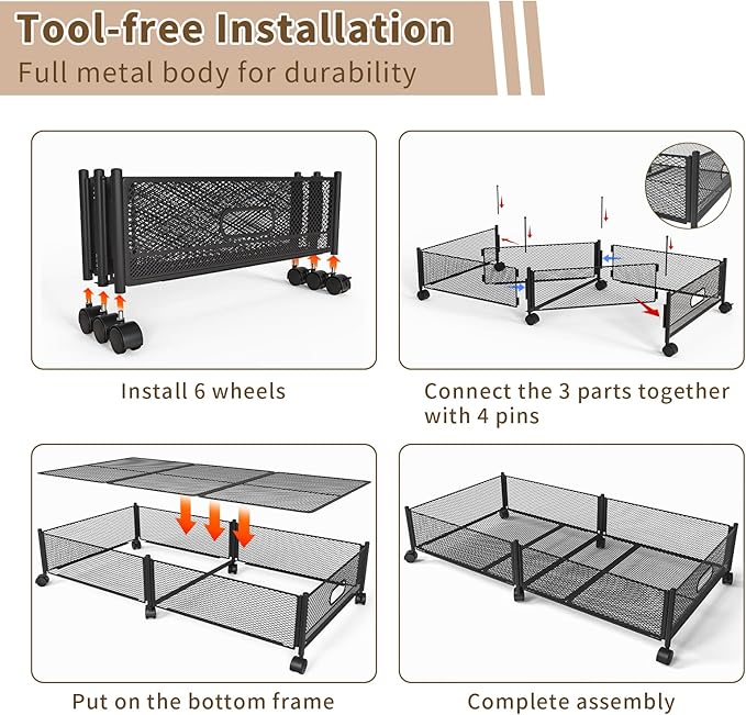 Under Bed Storage on Wheels, Upgraded 31.5 inch Large Rolling Under Bed Storage, Metal Foldable Underbed Drawers Organizer Tool-free Assembly Underbed Shoes Clothes Organize