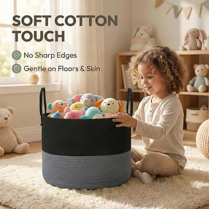 JMvicyroam 115L Extra Large Blanket Basket for Living Room - Woven Cotton Rope Laundry Hamper with Reinforced Handles - Storage Bin for Pillows, Comforters & Toys - Machine Washable, Black&Grey