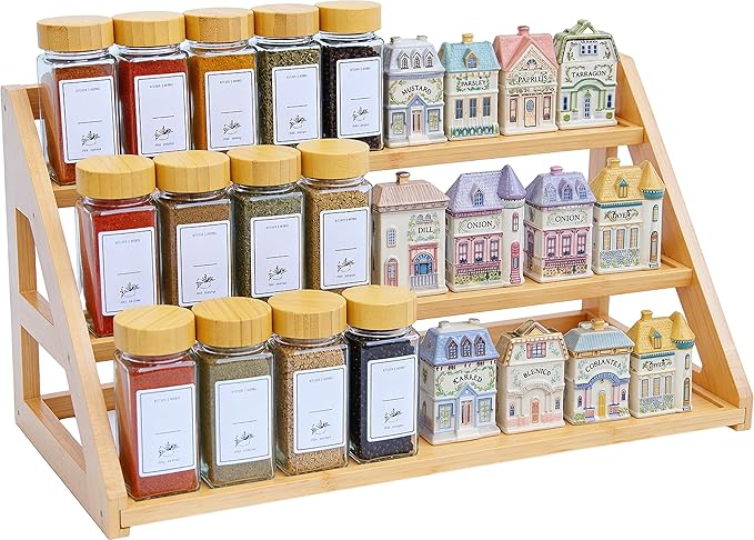 Bamboo Tier Spice Rack Organizer: 17.5 Inch Wide Kitchen Cabinet Countertop Spice Jar Organizer for Home Organization