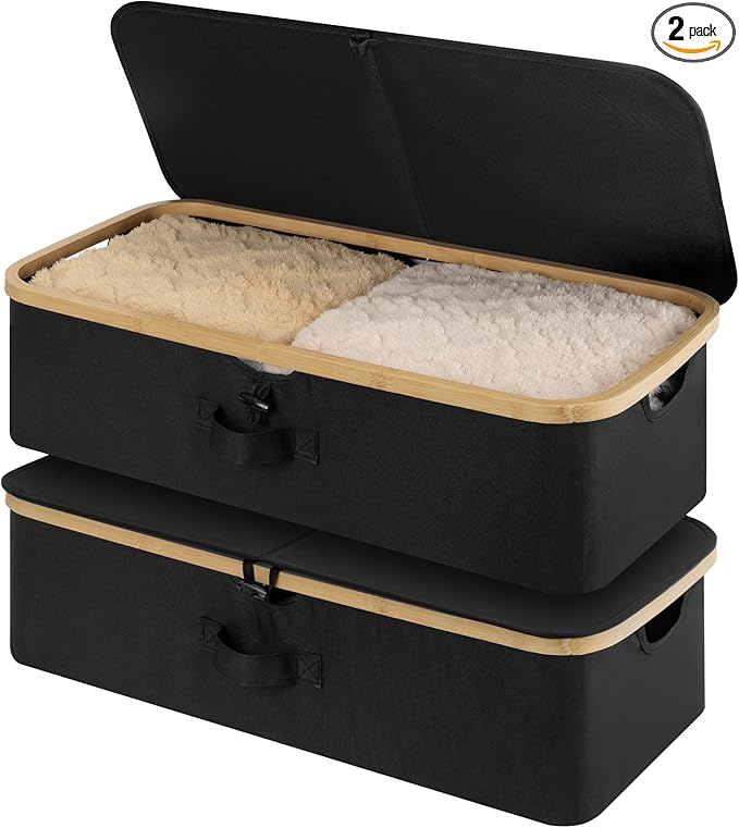 StorageWorks Underbed Storage Containers with Lids, 2-Pack 7" Low Profile Under Bed Storage Box with Bamboo Frame for Clothes, Bedding, Blankets and Shoes, 42L Sturdy Fabric Organizer, Black