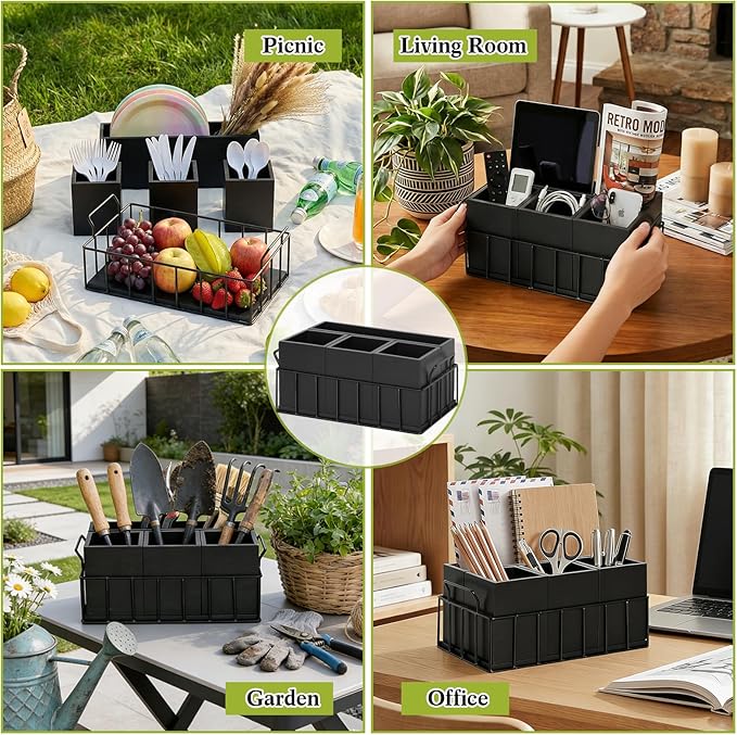Silverware Holder for Party, Wood Utensil Holder with 4 Removable Compartments for Countertop, Silverware Caddy Flatware Organizer Box for Utensil Spoons Forks Plates Napkin, Detachable Sevring Caddy