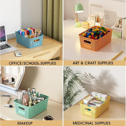 Colorful Plastic Storage Baskets with Lids 8 Pack Stackable Storage Bins Containers for Shelves Organizing, Colored Cute Decorative Storage Boxes for Classroom, Playroom, Closet, Pantry