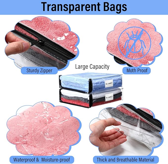 Kenning 20 Pcs Clear Zippered Storage Bags for Sheet Plastic Sweater Bag with Handle and Label Pocket Vinyl Stackable Closet Organizer Moving Bag for Bed Blanket Clothes Pillow(Black,11 x 15 x 4 Inch)