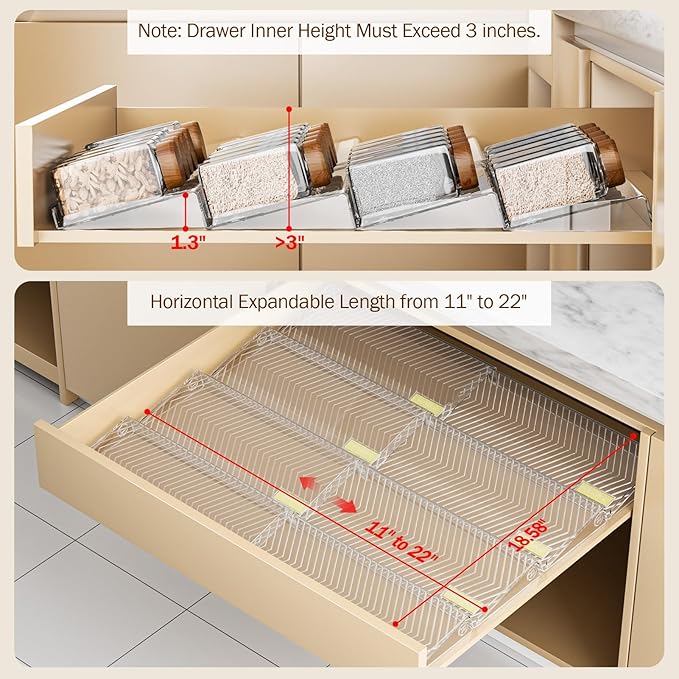 PanPanPal Spice Drawer Organizer, 8 Pack Clear Seasoning Organizer Rack, Expandable From 11" to 22" Wide Kitchen Spice Rack Organizers for Drawer, Countertop (Jars Not Included)