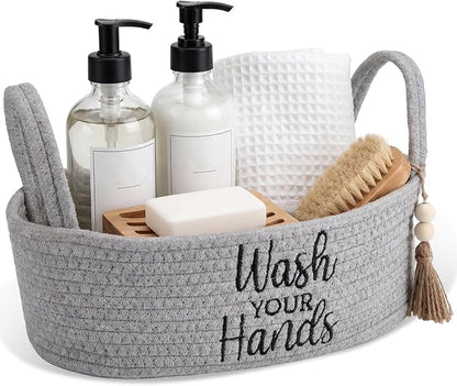 Wash Your Hands Bathroom Decoration Grey Cotton Rope Toilet Basket Toilet Paper Holder Basket Rustic Bathroom Organizer Farmhouse Home Decoration Organizing Small Baskets