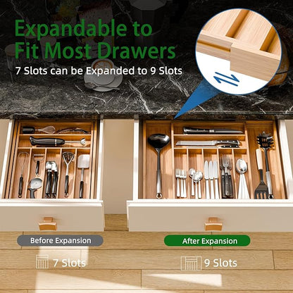 Simple Trending Bamboo Kitchen Drawer Organizer, Expandable Silverware Organizer, Utensil Cutlery Tray for Flatware, Natural