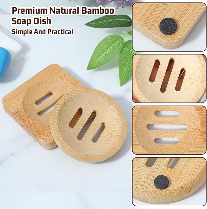Ymapinc 2-Pack Natural Bamboo Soap Holder, Round+Square Bamboo Soap Dish & Shower Steamer Holder, Wood Tray for Home Shower Bathroom